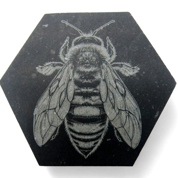BEE and FLOWER Tiles Engraved Natural Stone Set of 7 Hexagon Mosaic - Picture 6 of 10